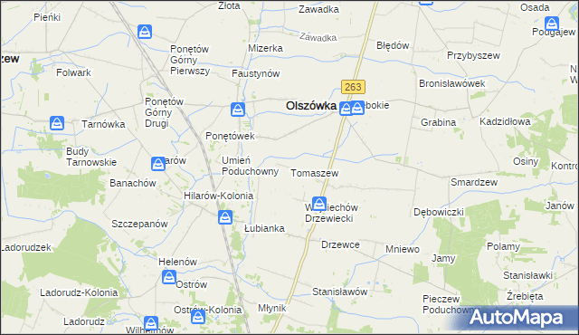 mapa Tomaszew gmina Olszówka, Tomaszew gmina Olszówka na mapie Targeo