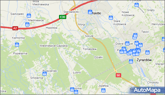 mapa Tomaszew gmina Wiskitki, Tomaszew gmina Wiskitki na mapie Targeo