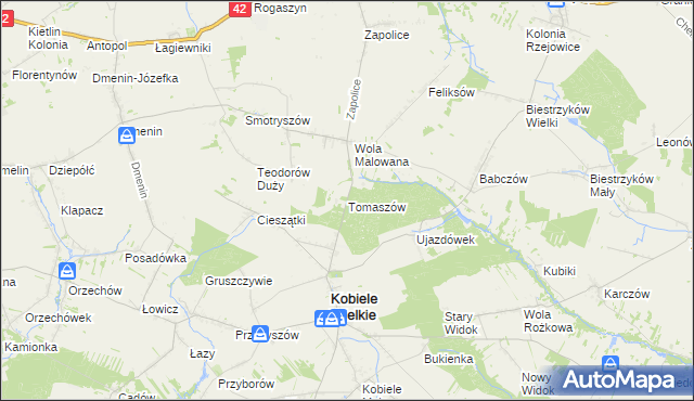 mapa Tomaszów gmina Kobiele Wielkie, Tomaszów gmina Kobiele Wielkie na mapie Targeo