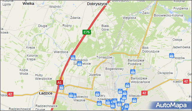 mapa Tomaszów gmina Ładzice, Tomaszów gmina Ładzice na mapie Targeo