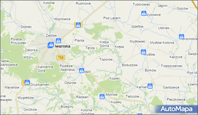 mapa Toporów gmina Iwaniska, Toporów gmina Iwaniska na mapie Targeo