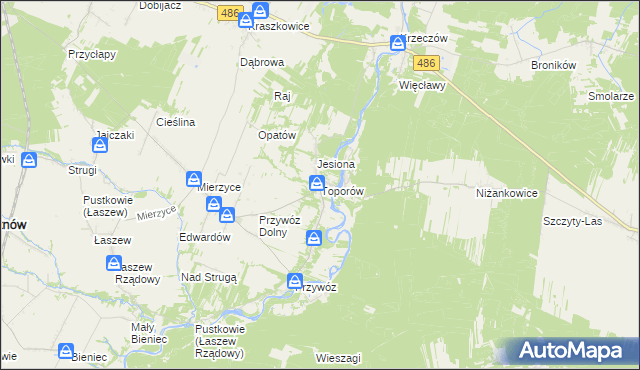 mapa Toporów gmina Wierzchlas, Toporów gmina Wierzchlas na mapie Targeo