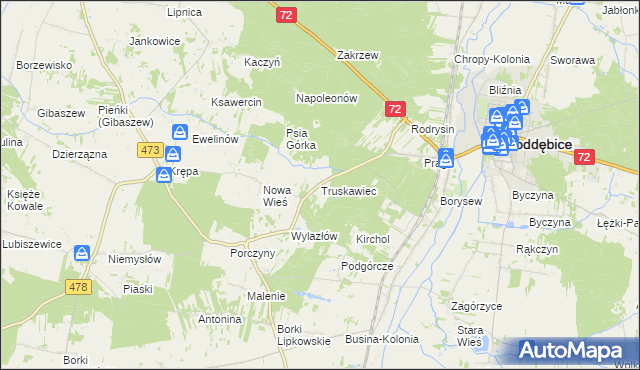 mapa Truskawiec gmina Poddębice, Truskawiec gmina Poddębice na mapie Targeo