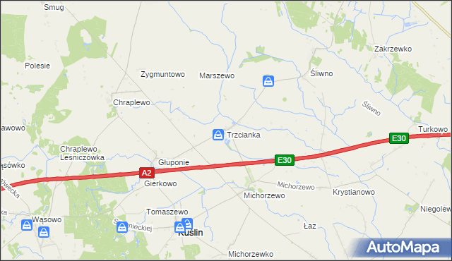 mapa Trzcianka gmina Kuślin, Trzcianka gmina Kuślin na mapie Targeo