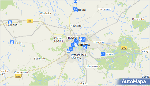 mapa Trzebiatów powiat gryficki, Trzebiatów powiat gryficki na mapie Targeo