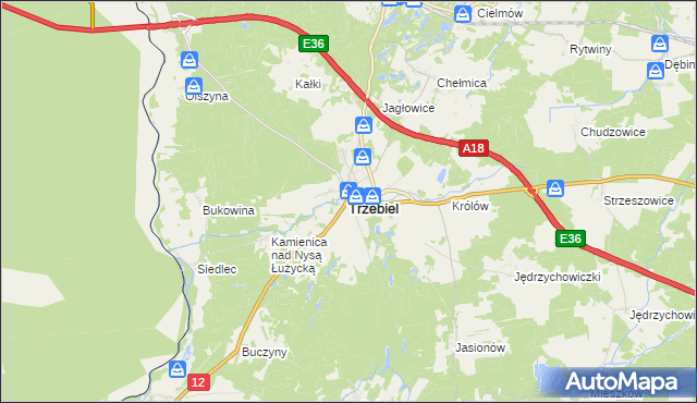 mapa Trzebiel, Trzebiel na mapie Targeo