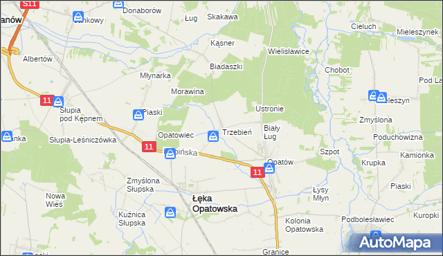 mapa Trzebień gmina Łęka Opatowska, Trzebień gmina Łęka Opatowska na mapie Targeo