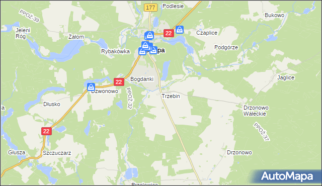 mapa Trzebin gmina Człopa, Trzebin gmina Człopa na mapie Targeo