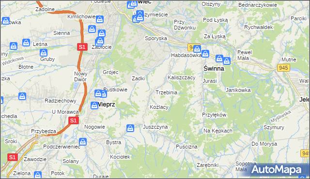 mapa Trzebinia gmina Świnna, Trzebinia gmina Świnna na mapie Targeo