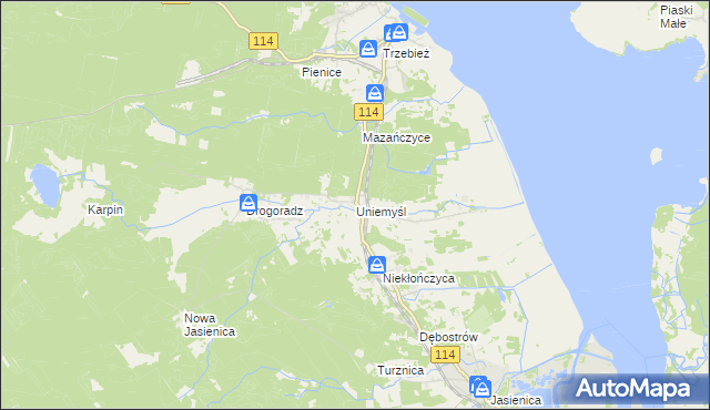 mapa Uniemyśl gmina Police, Uniemyśl gmina Police na mapie Targeo