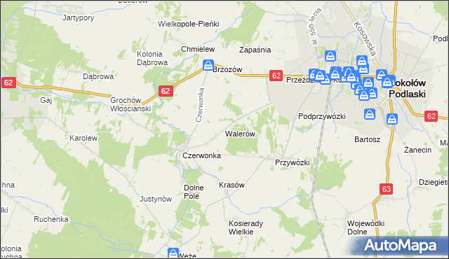 mapa Walerów gmina Sokołów Podlaski, Walerów gmina Sokołów Podlaski na mapie Targeo