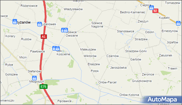 mapa Waliszew gmina Bedlno, Waliszew gmina Bedlno na mapie Targeo
