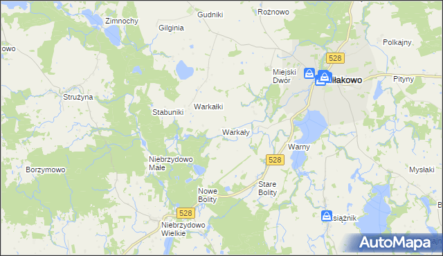 mapa Warkały gmina Miłakowo, Warkały gmina Miłakowo na mapie Targeo