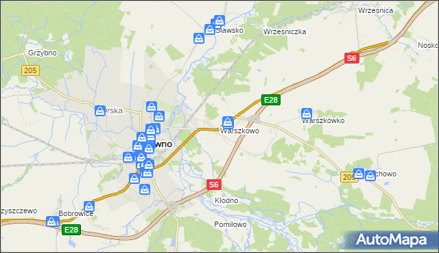 mapa Warszkowo gmina Sławno, Warszkowo gmina Sławno na mapie Targeo