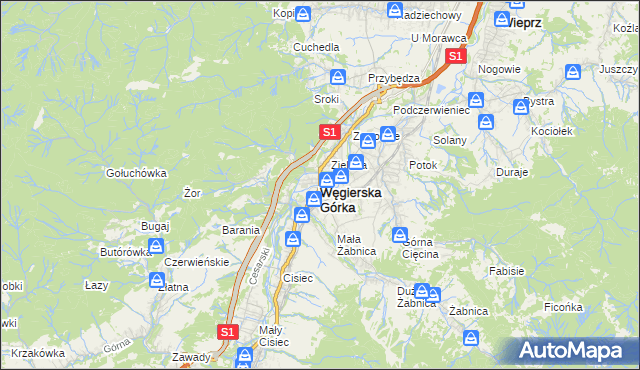 mapa Węgierska Górka, Węgierska Górka na mapie Targeo