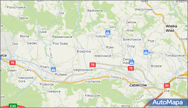 mapa Więckowice gmina Zabierzów, Więckowice gmina Zabierzów na mapie Targeo