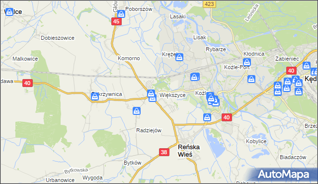 mapa Większyce, Większyce na mapie Targeo