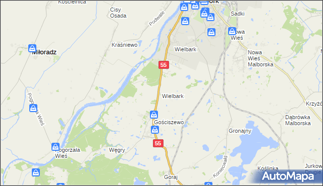 mapa Wielbark gmina Malbork, Wielbark gmina Malbork na mapie Targeo