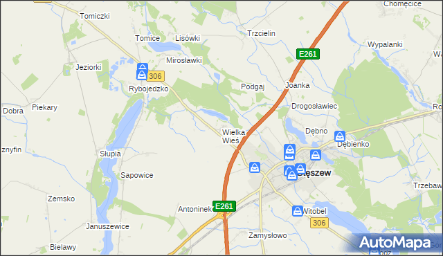 mapa Wielka Wieś gmina Stęszew, Wielka Wieś gmina Stęszew na mapie Targeo