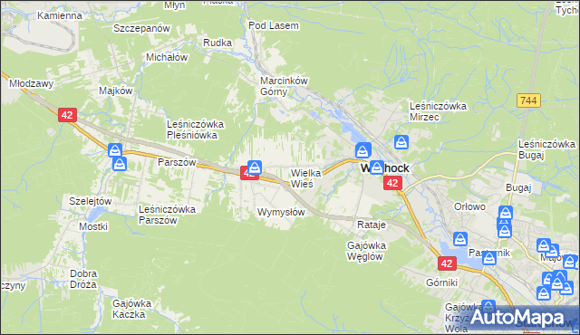 mapa Wielka Wieś gmina Wąchock, Wielka Wieś gmina Wąchock na mapie Targeo