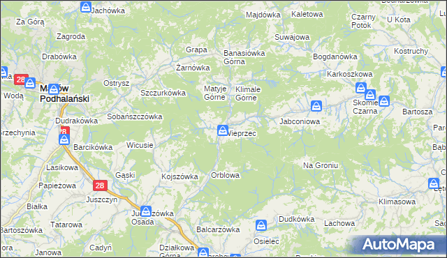 mapa Wieprzec gmina Maków Podhalański, Wieprzec gmina Maków Podhalański na mapie Targeo