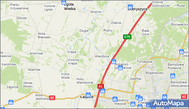 mapa Wierzbica gmina Ładzice, Wierzbica gmina Ładzice na mapie Targeo