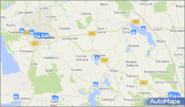 mapa Wierzbie gmina Sompolno, Wierzbie gmina Sompolno na mapie Targeo