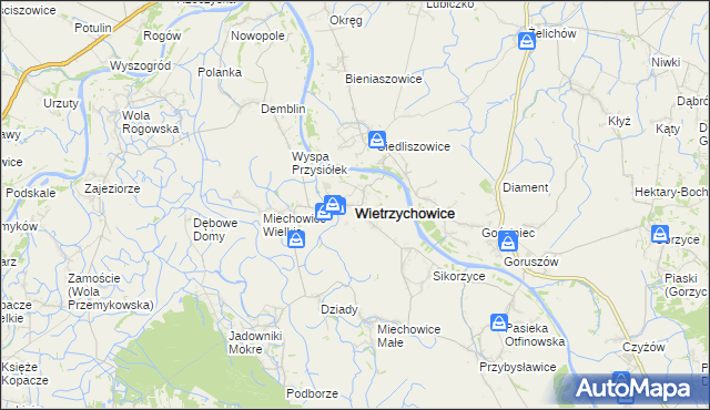 mapa Wietrzychowice powiat tarnowski, Wietrzychowice powiat tarnowski na mapie Targeo