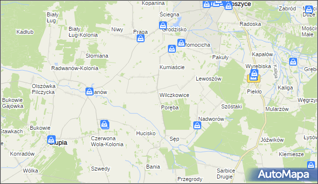 mapa Wilczkowice gmina Radoszyce, Wilczkowice gmina Radoszyce na mapie Targeo