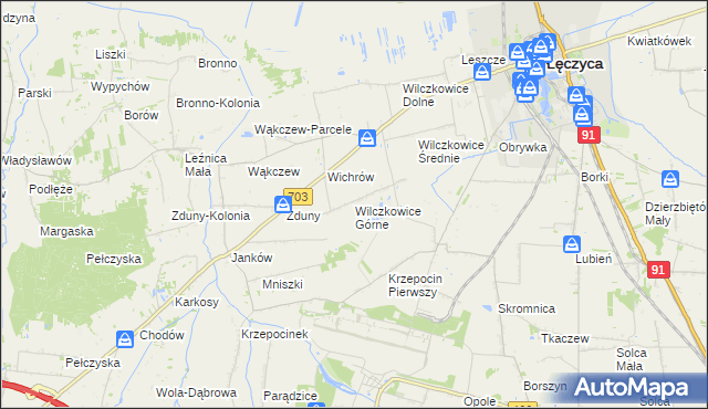 mapa Wilczkowice Górne gmina Łęczyca, Wilczkowice Górne gmina Łęczyca na mapie Targeo