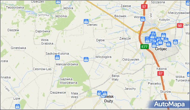 mapa Wilczogóra gmina Belsk Duży, Wilczogóra gmina Belsk Duży na mapie Targeo