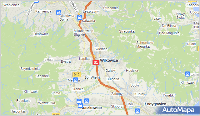 mapa Wilkowice powiat bielski, Wilkowice powiat bielski na mapie Targeo