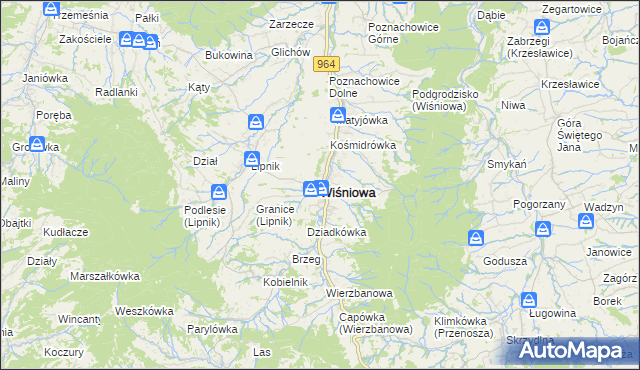 mapa Wiśniowa powiat myślenicki, Wiśniowa powiat myślenicki na mapie Targeo