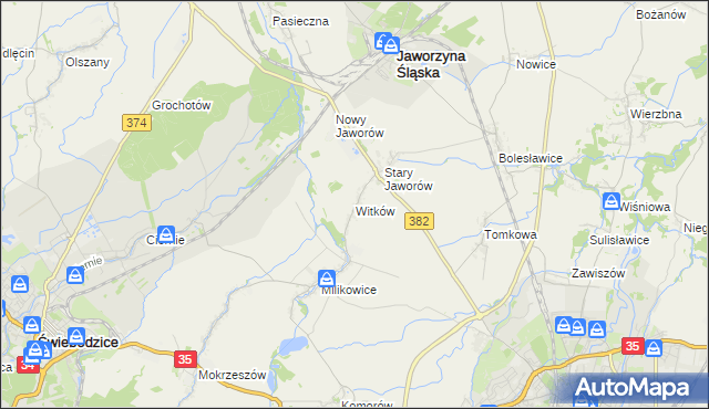 mapa Witków gmina Jaworzyna Śląska, Witków gmina Jaworzyna Śląska na mapie Targeo