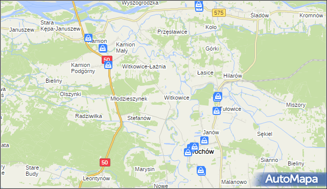 mapa Witkowice gmina Młodzieszyn, Witkowice gmina Młodzieszyn na mapie Targeo