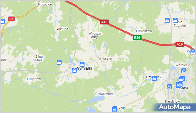 mapa Witoszyn gmina Wymiarki, Witoszyn gmina Wymiarki na mapie Targeo