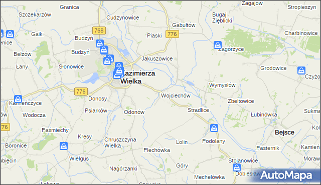 mapa Wojciechów gmina Kazimierza Wielka, Wojciechów gmina Kazimierza Wielka na mapie Targeo