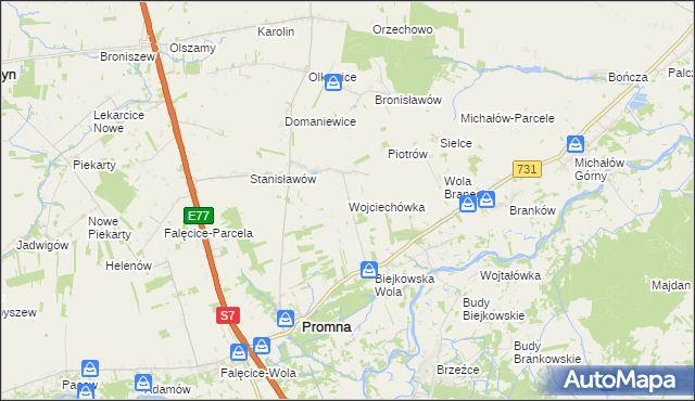 mapa Wojciechówka gmina Promna, Wojciechówka gmina Promna na mapie Targeo