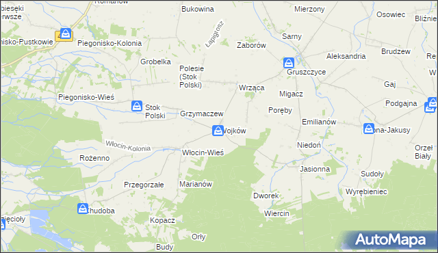 mapa Wojków gmina Błaszki, Wojków gmina Błaszki na mapie Targeo