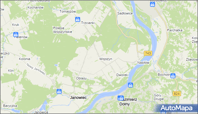 mapa Wojszyn gmina Janowiec, Wojszyn gmina Janowiec na mapie Targeo