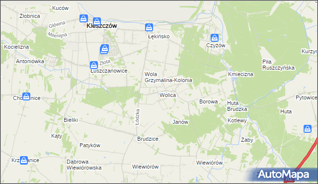 mapa Wolica gmina Kleszczów, Wolica gmina Kleszczów na mapie Targeo