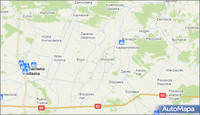 mapa Woroniec gmina Komarówka Podlaska, Woroniec gmina Komarówka Podlaska na mapie Targeo