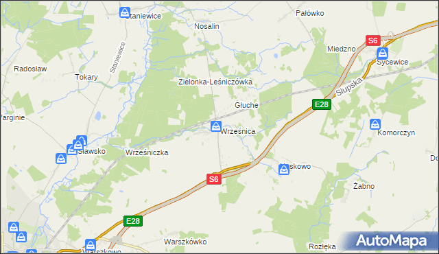 mapa Wrześnica gmina Sławno, Wrześnica gmina Sławno na mapie Targeo