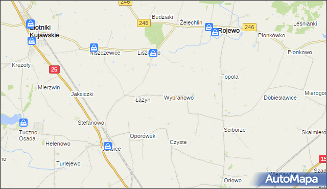 mapa Wybranowo gmina Rojewo, Wybranowo gmina Rojewo na mapie Targeo