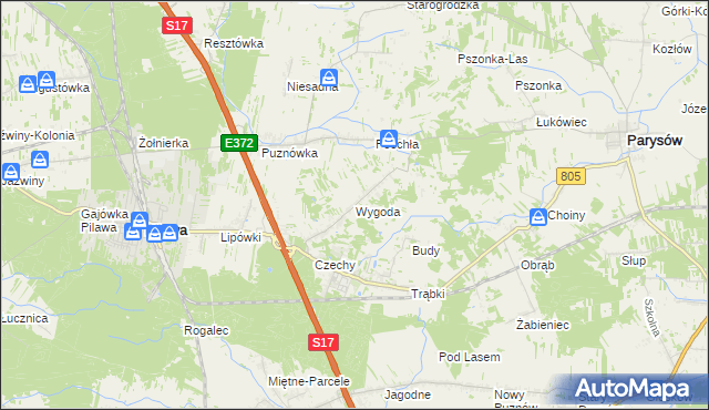 mapa Wygoda gmina Pilawa, Wygoda gmina Pilawa na mapie Targeo