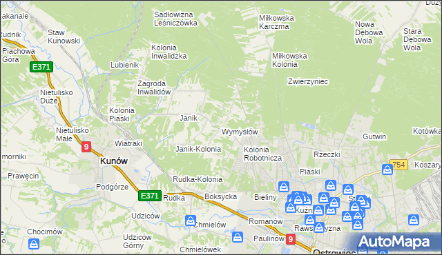 mapa Wymysłów gmina Kunów, Wymysłów gmina Kunów na mapie Targeo