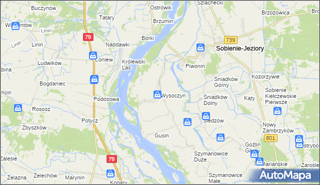 mapa Wysoczyn gmina Sobienie-Jeziory, Wysoczyn gmina Sobienie-Jeziory na mapie Targeo