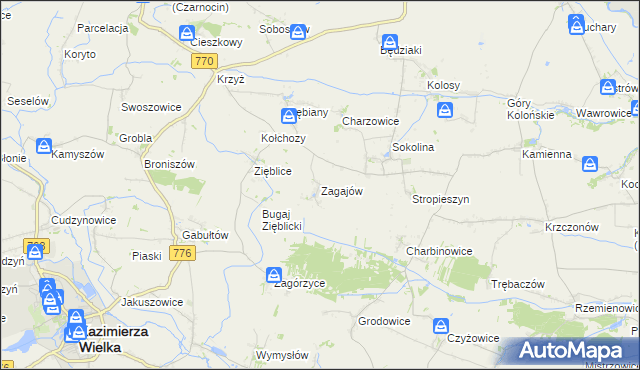 mapa Zagajów gmina Czarnocin, Zagajów gmina Czarnocin na mapie Targeo