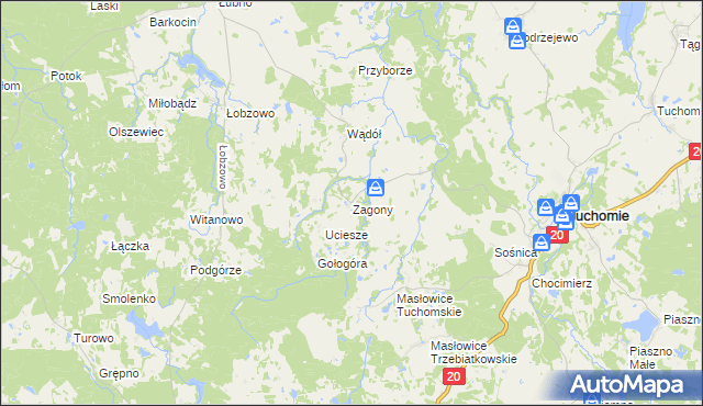 mapa Zagony gmina Tuchomie, Zagony gmina Tuchomie na mapie Targeo