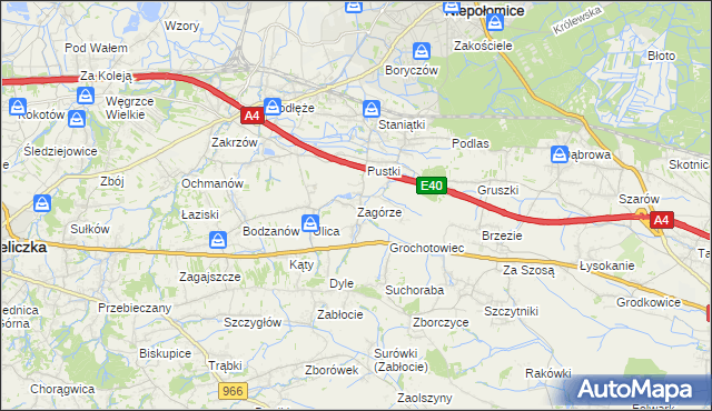 mapa Zagórze gmina Niepołomice, Zagórze gmina Niepołomice na mapie Targeo